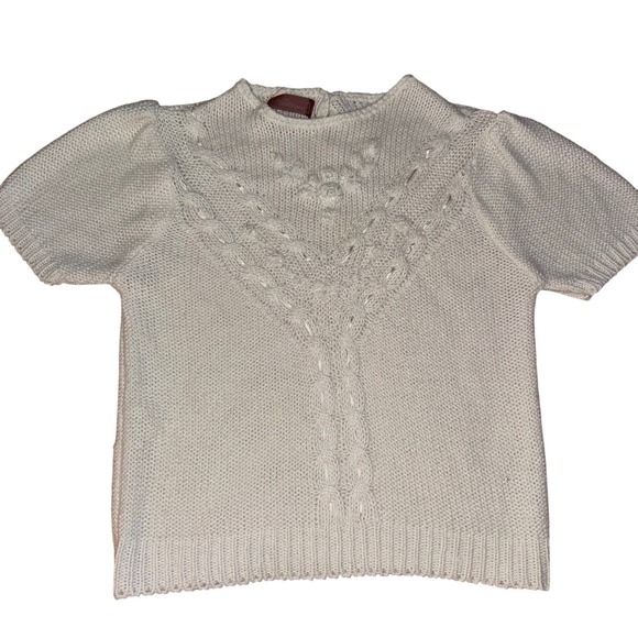 Worthington Sweaters - Vintage White Knit Puff Sleeve Knit Sweater Pearl Button Short Sleeve Size M